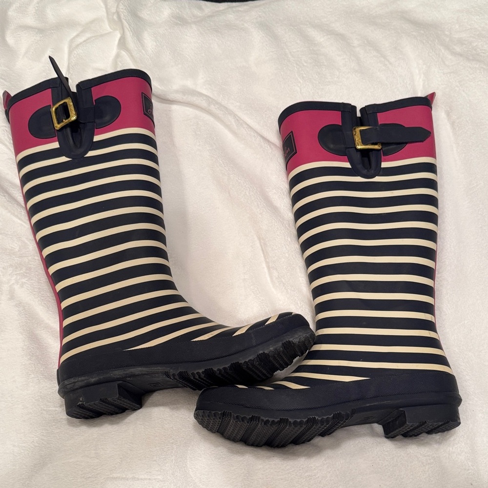 Joules Pink and Navy Striped Rain Boots